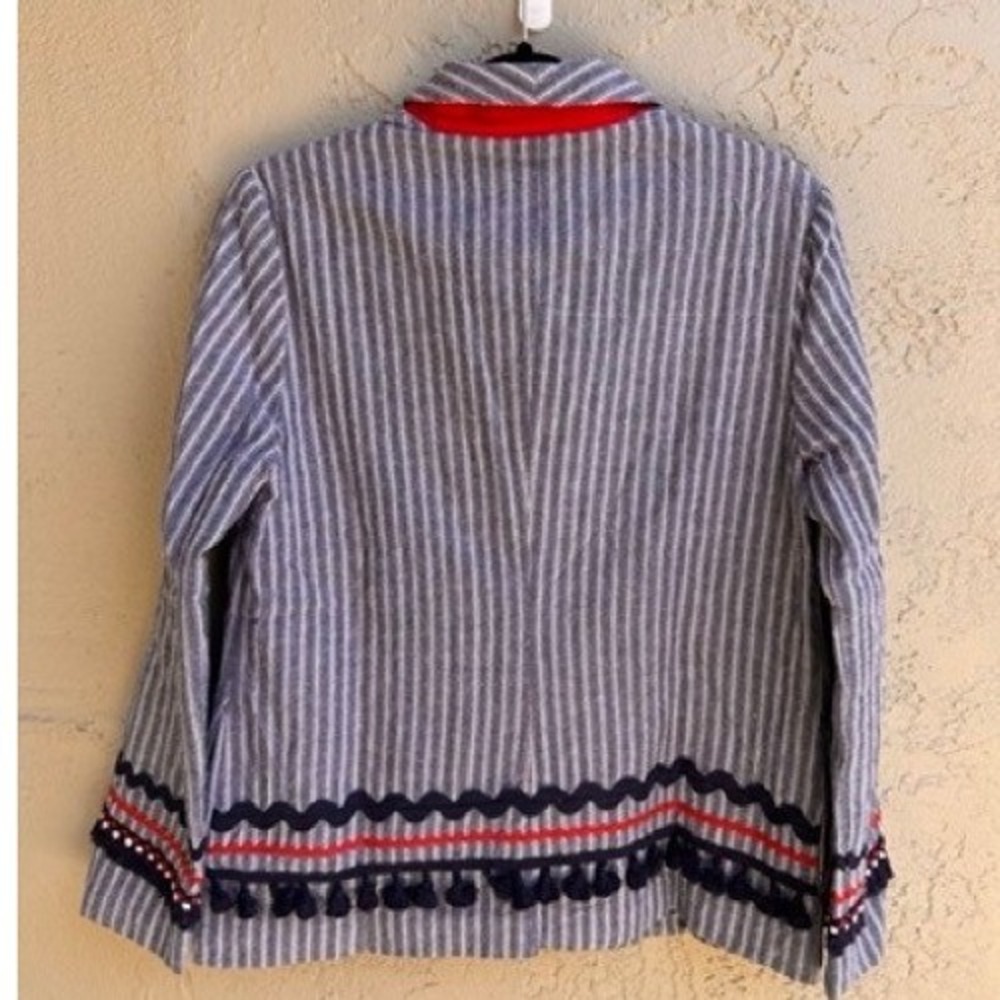 Free The Roses NEW Navy Blue White Striped Tassel Trim Blazer Jacket SMALL - Picture 8 of 9
